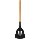 Espátula Vazada De Silicone Preto Com Cabo De Bambu Utensílio De Cozinha Espátula Reta Yoi